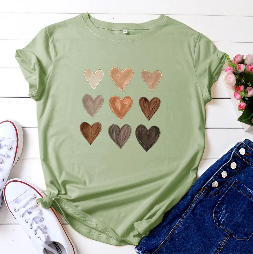 loose shoulder-length retro print hearts white tshirt 100% cotton fat women fashion clothes styles big size t-shirts