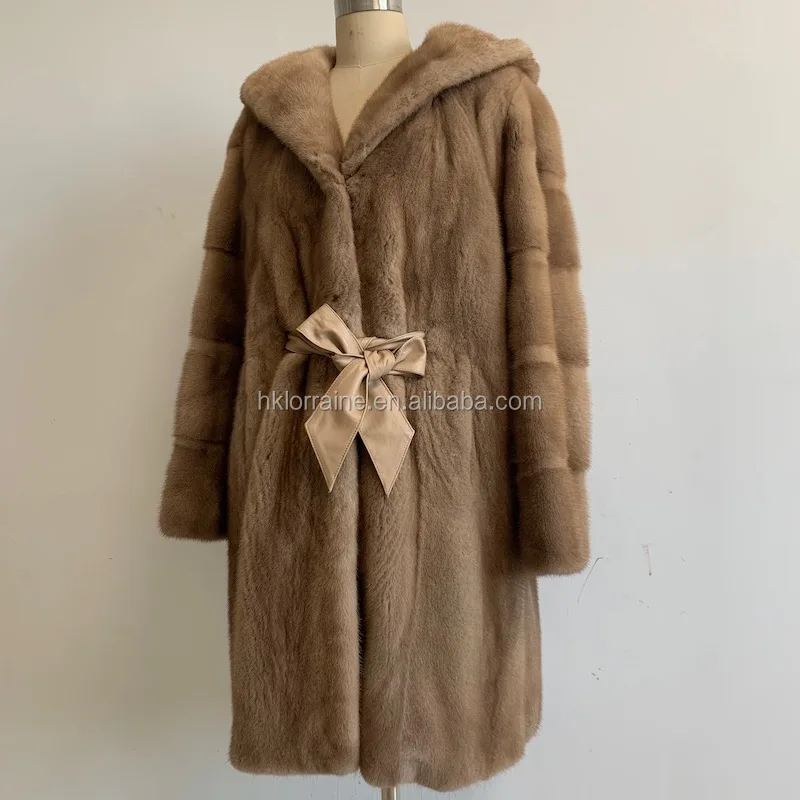2021 Brown Hooded Let out Mink Fur Coat plus size real mink fur jacket