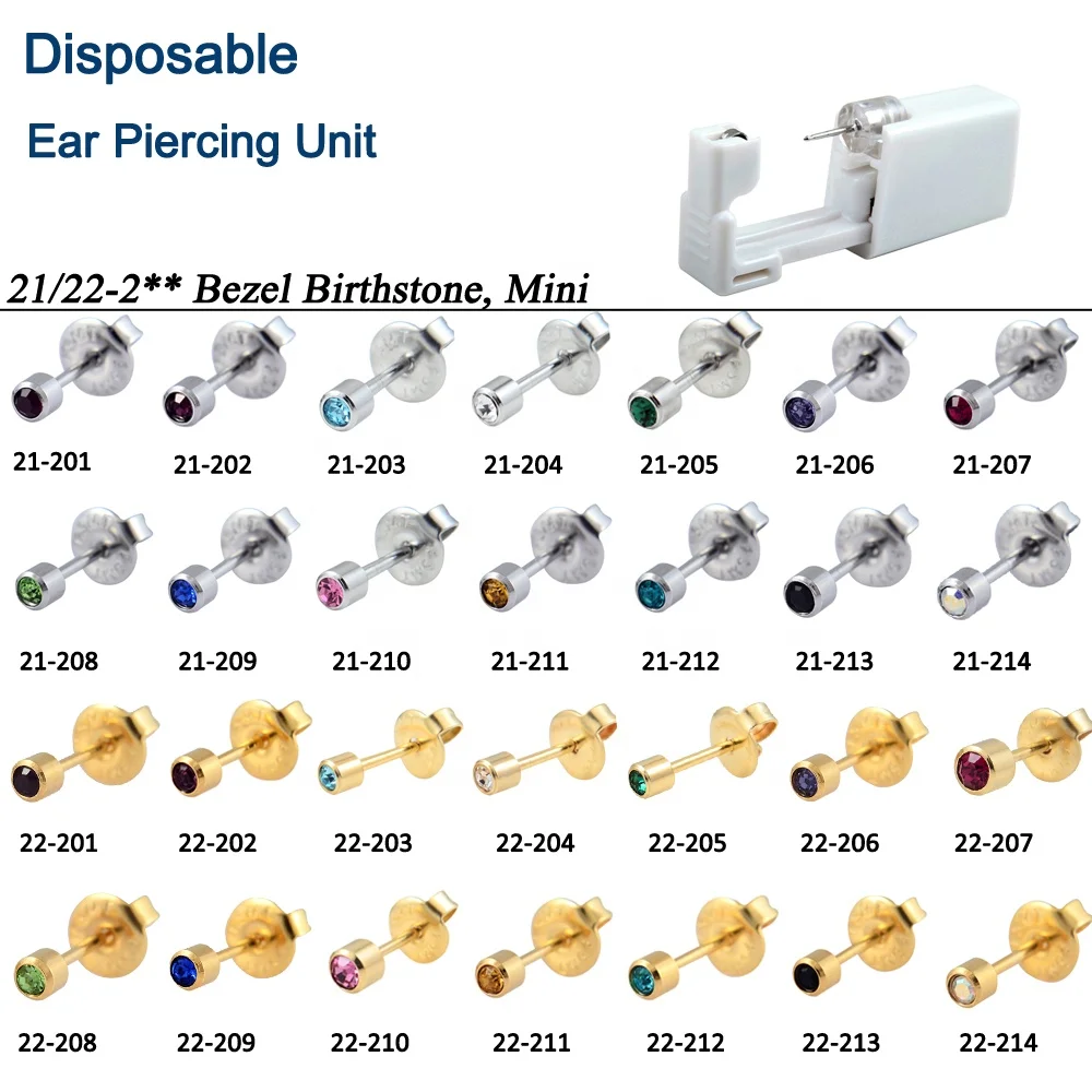 Одноразовый пирсинг для ушей 21/22-3 мм нержавеющая сталь 316L и 24K позолоченные серьги с камнями рождения со стерилизованной упаковкой