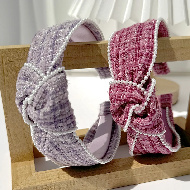 Vintage Winter Elegant Women Knotted Headband French Retro White Pearl Bow hairband Wide Knot Woolen Cloth hairhoop