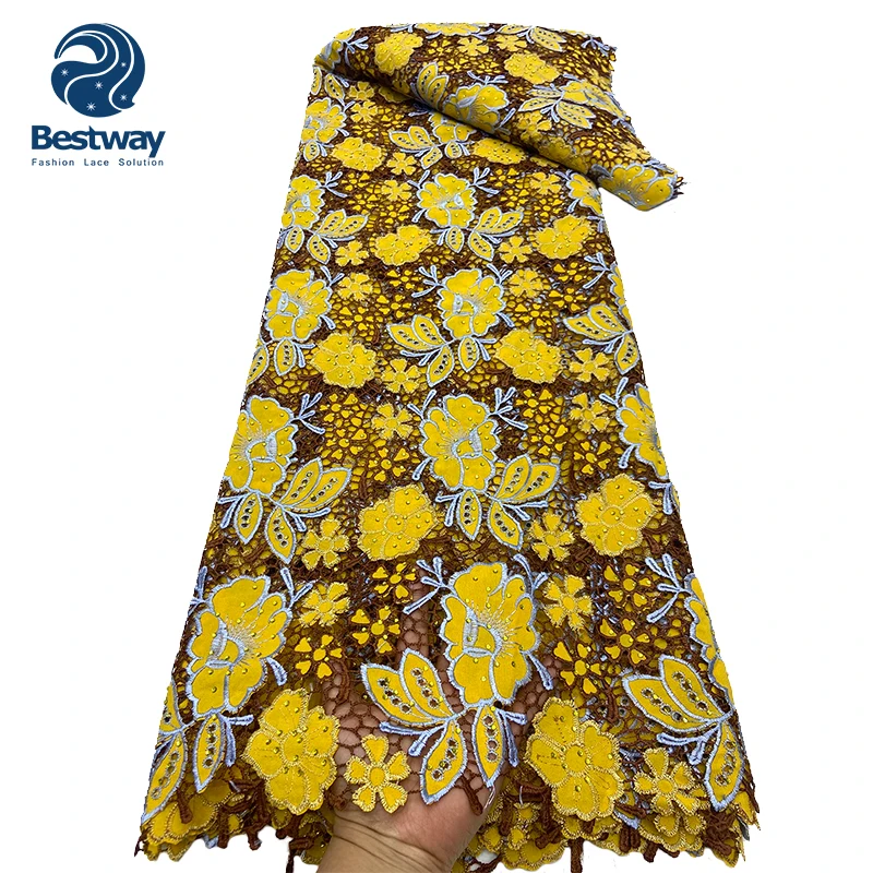 Bestway Yellow Guipure Cord Lace Fabric African Wedding Bridal Dress With Stones