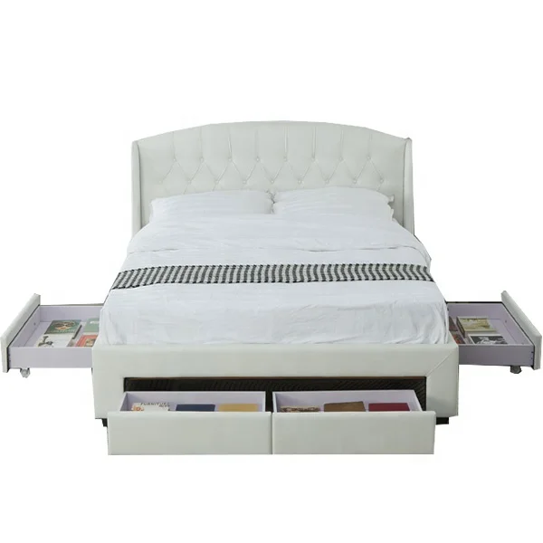 Solid and Comfortable Bed Base white color winged buttons headboard velvet fabric upholstered  bed  with 4 storage Drawers