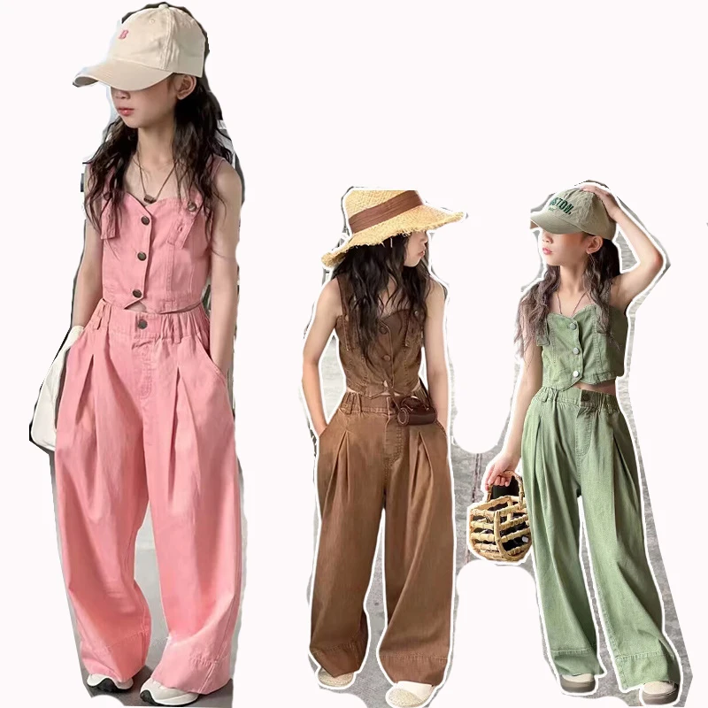 Spring Summer  kids clothes set girls 7-14 years of age  High Street Solid color Top Pants 2 Piece jean set girl Clothing