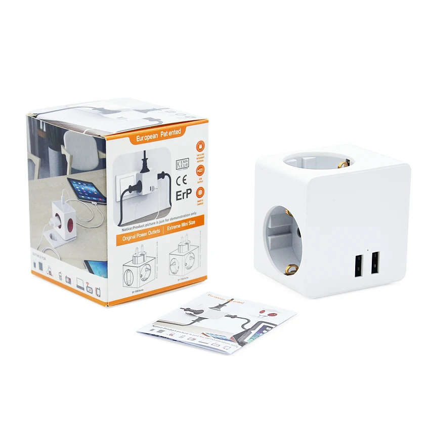 Leishen CE KEMA Listed Dual USB A 3 AC Outlets EU Travel Adapter 250V/16A 5-in-1 Cube Outlet Power Cube Socket Adapter EU Plug