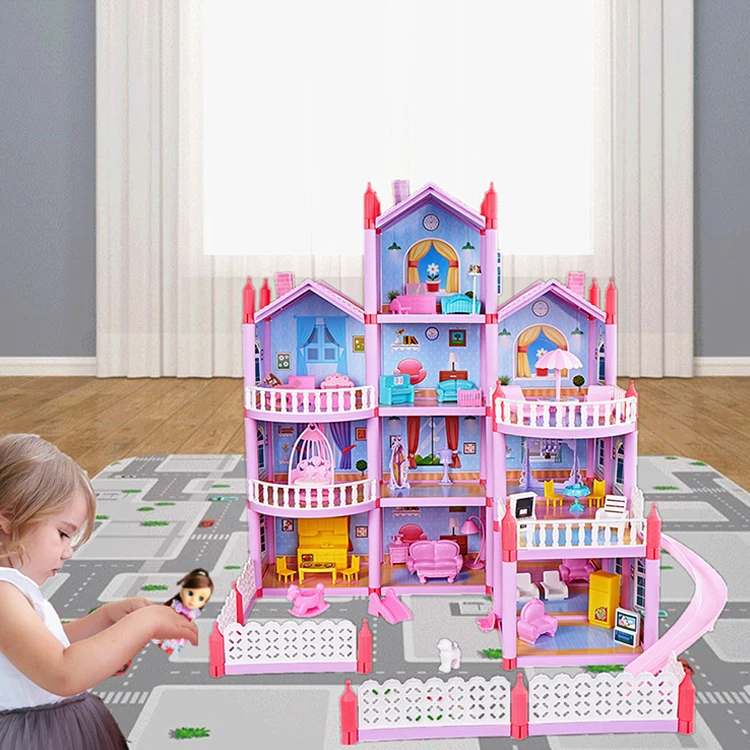 Zhoya DIY Baby Dollhouse Little Girls Funny House Child Pretend Play Building Toys Plastic Doll House With Furniture