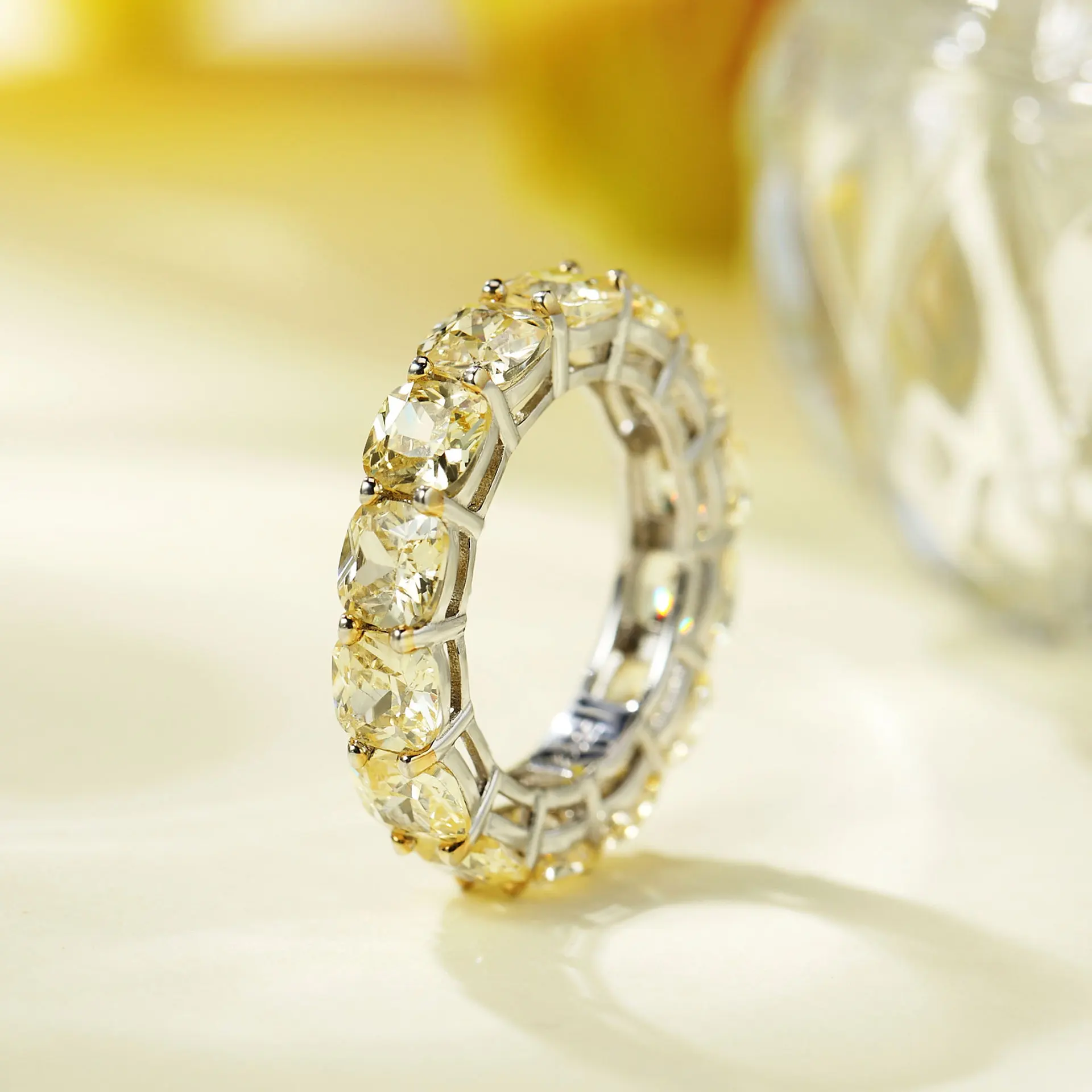 Ins style 18K gold Plated 5*5mm silver 925 ring woman cushion cut yellow Zirconia eternity band ring