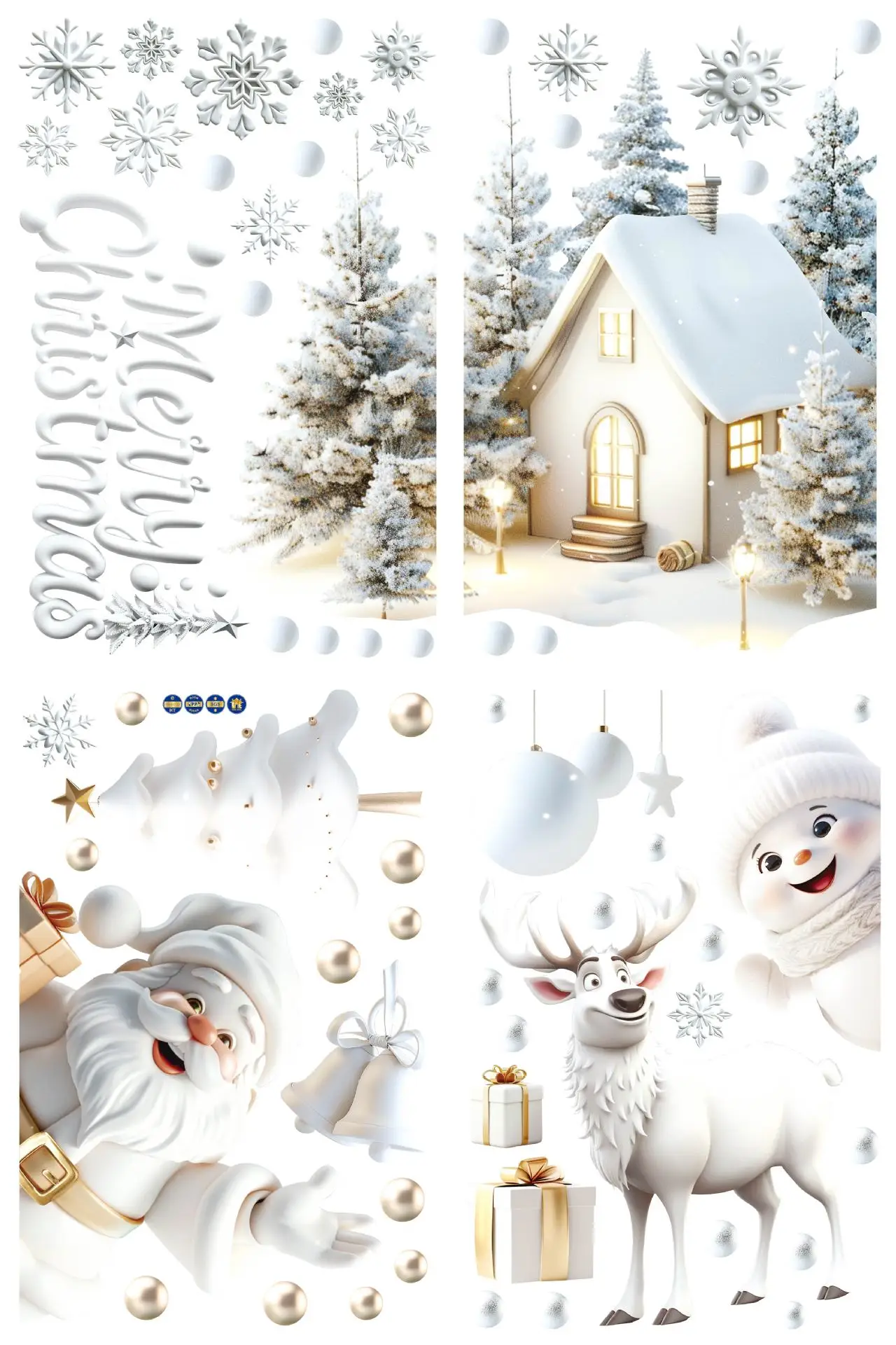 Three-dimensional White Santa Cartoon  Cute Snowman Elk and Snowflake Window Sticker Set New Christmas Home Decorations