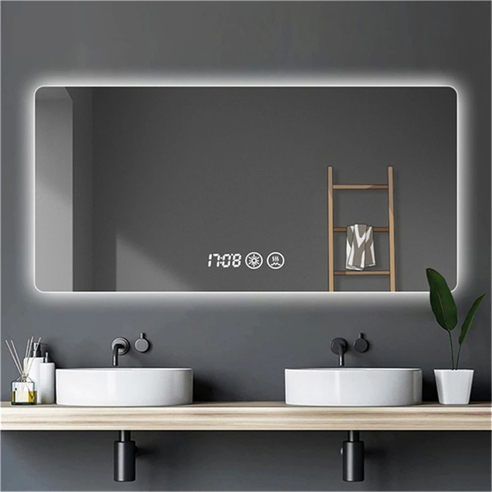 Luxury Custom Logo House Touch Switch Mirrored Large Wall Clock Led Bathroom Mirror Cabinets Washing