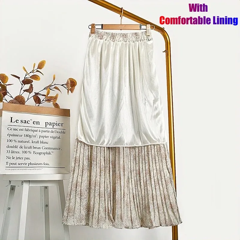 Pleated Floral Print Women Skirt High Waist Midi Summer Chiffon Dress New Lady Big Swing Lined Elegant Skirts