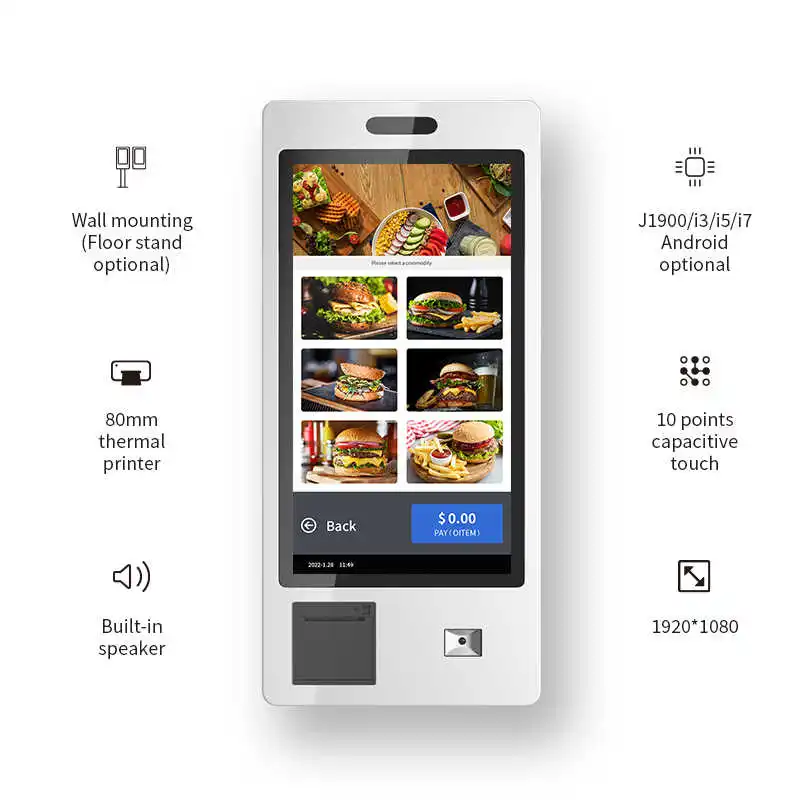 self ordering kiosk QR code or barcode scanner 24 24 32 inch wall mount multi touch screen restaurant kiosk