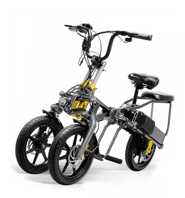 new design 14 inch 350W double 48V lithium battery 3 wheel foldable electric bicycle for adult