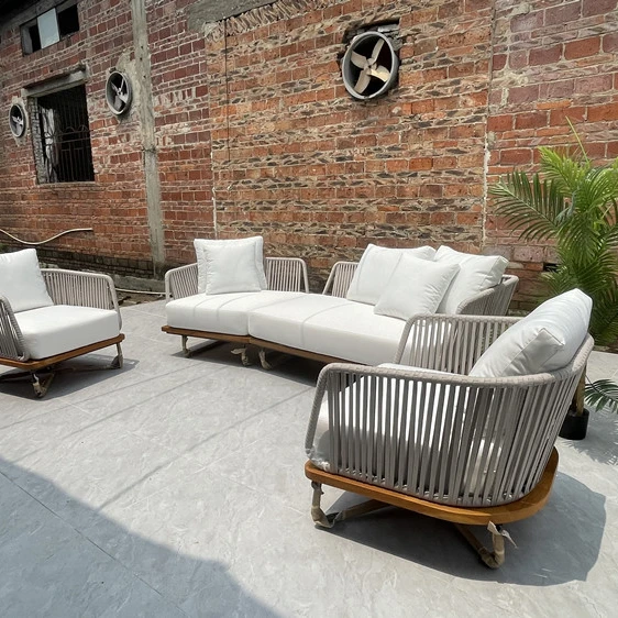 patio weather outdoor furniture teak solid wooden rope sofa set teak rattan
