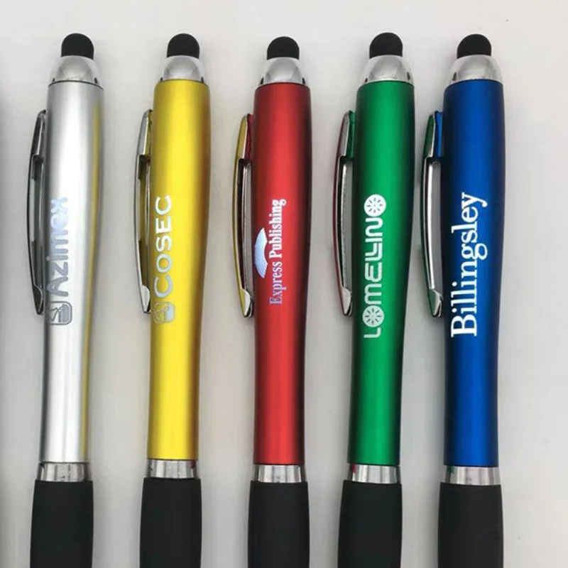 Рекламная светодиодная ручка с резиновым зажимом рекламный Пластиковый Стилус сенсорным экраном шариковые ручки лазерным логотипом для страхования
