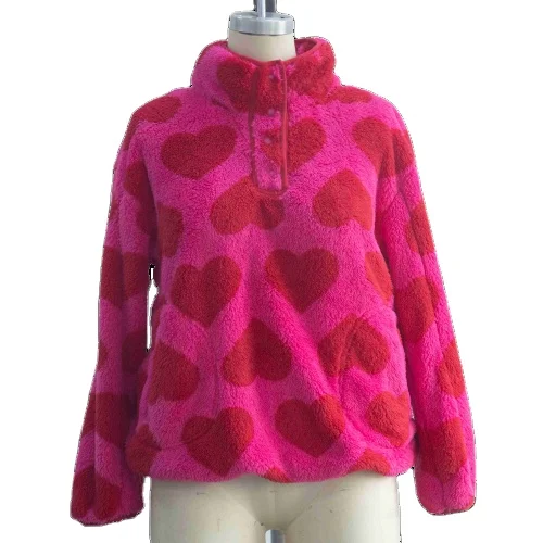 Women Sweet Heart Fluffy Home Wear Printed Winter Warm Top Polyester Yarn Knitted Loungewear for Women Home Wear