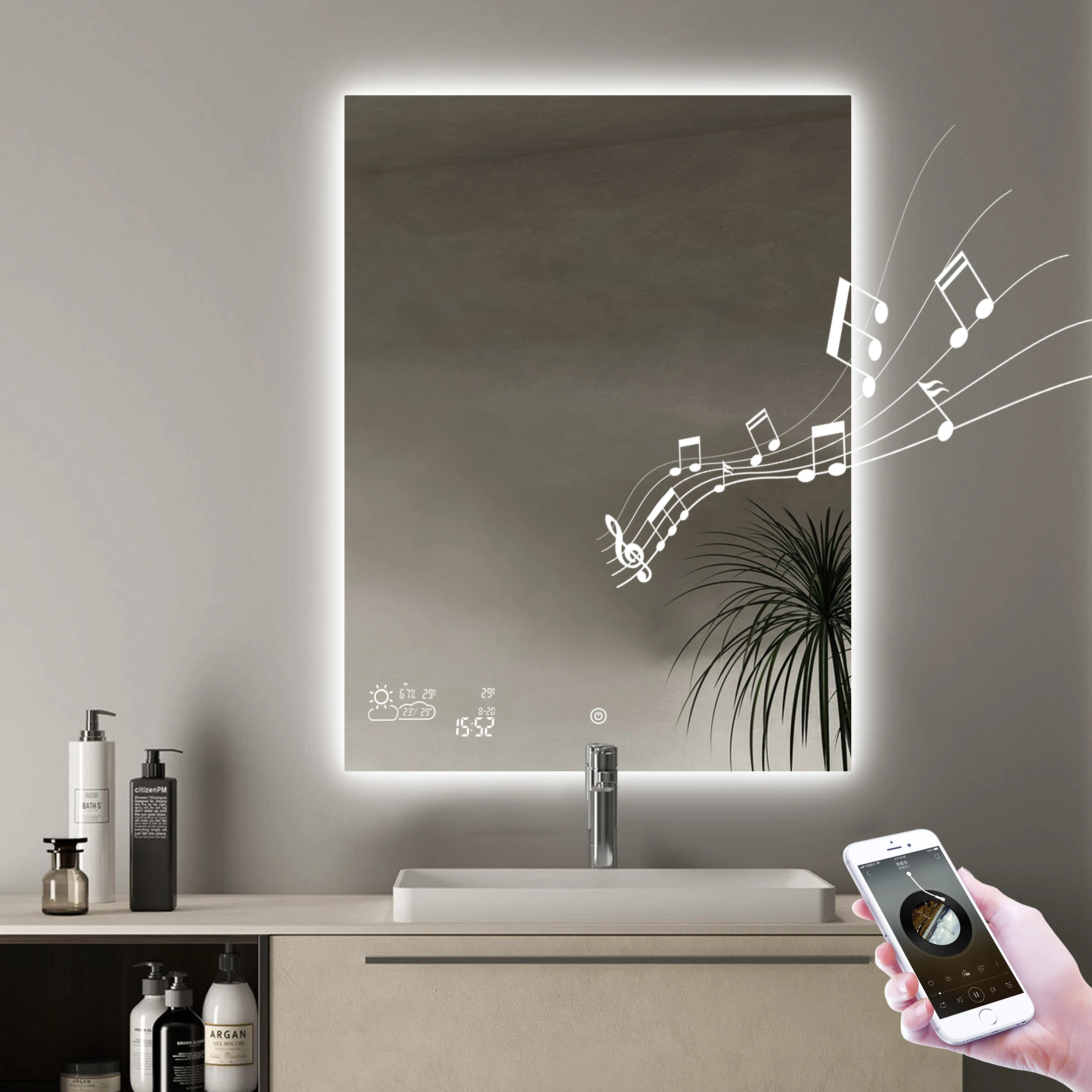 2024 bathroom smart weather mirror with clock heating function