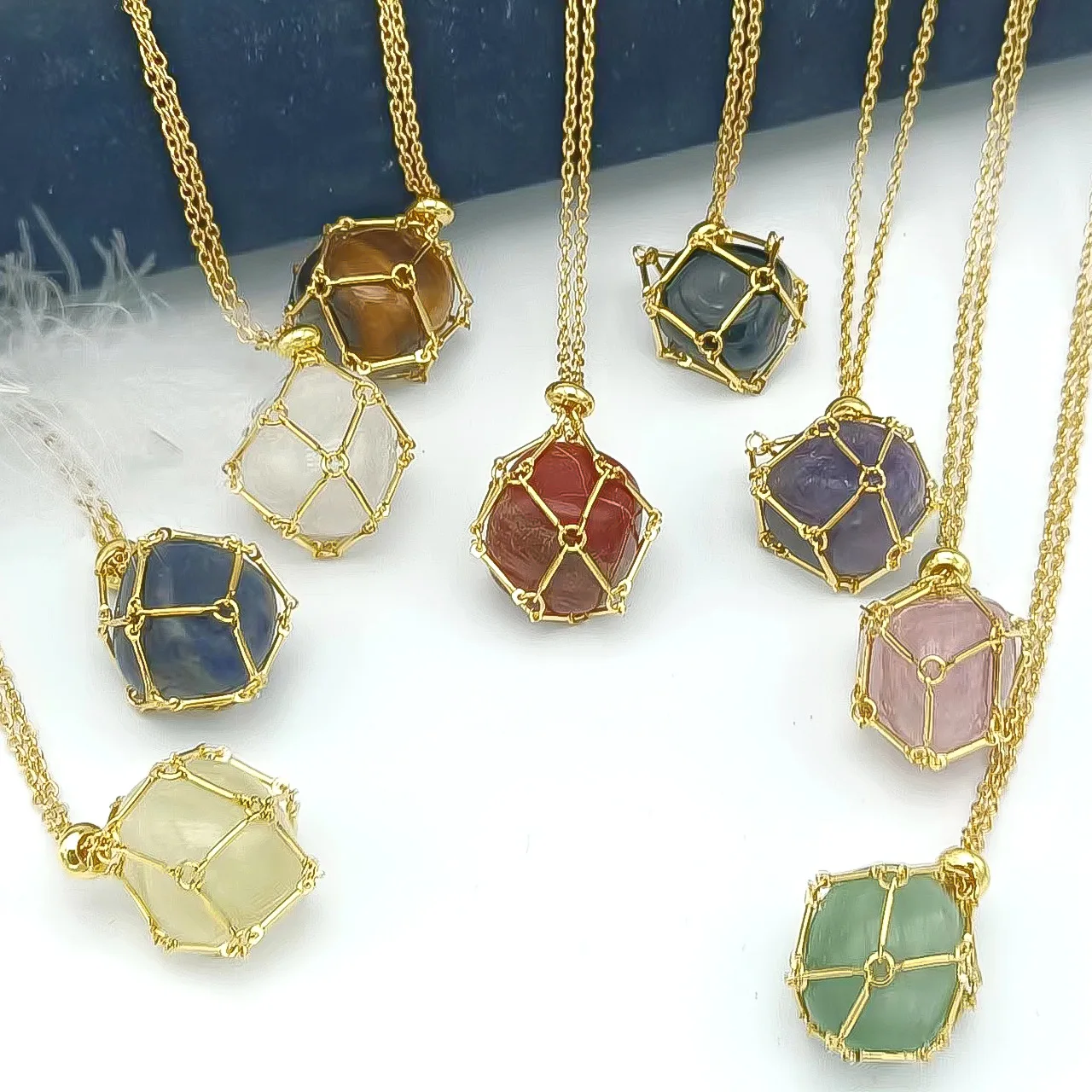 Wholesale White Pink Quartz Tiger Eye Agate Stainless Steel Metal Net Weaving Crystal Stones Jewelry Necklace For Women