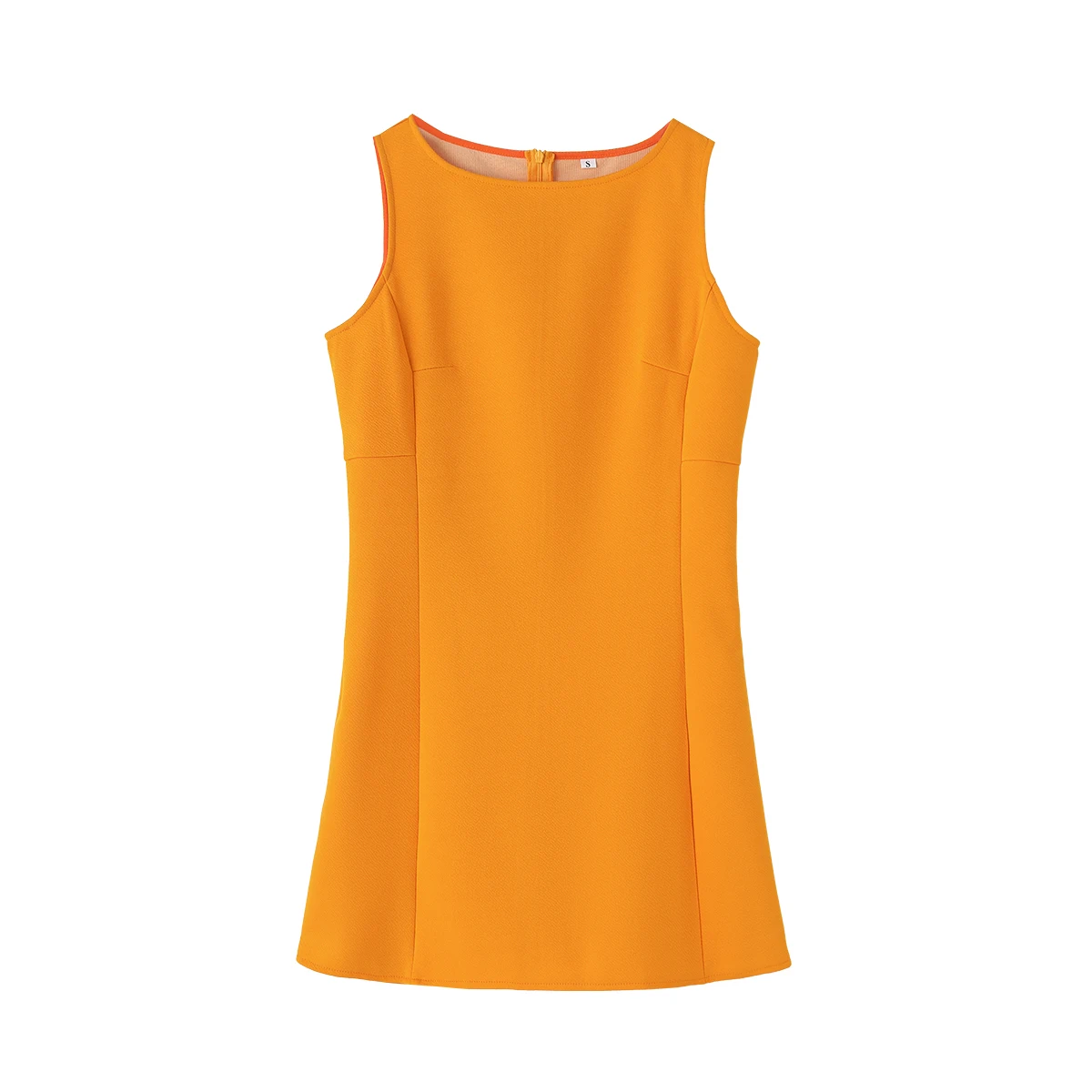 Crew neck orange color sleeveless back zipper fly casual fashion mini dress for women