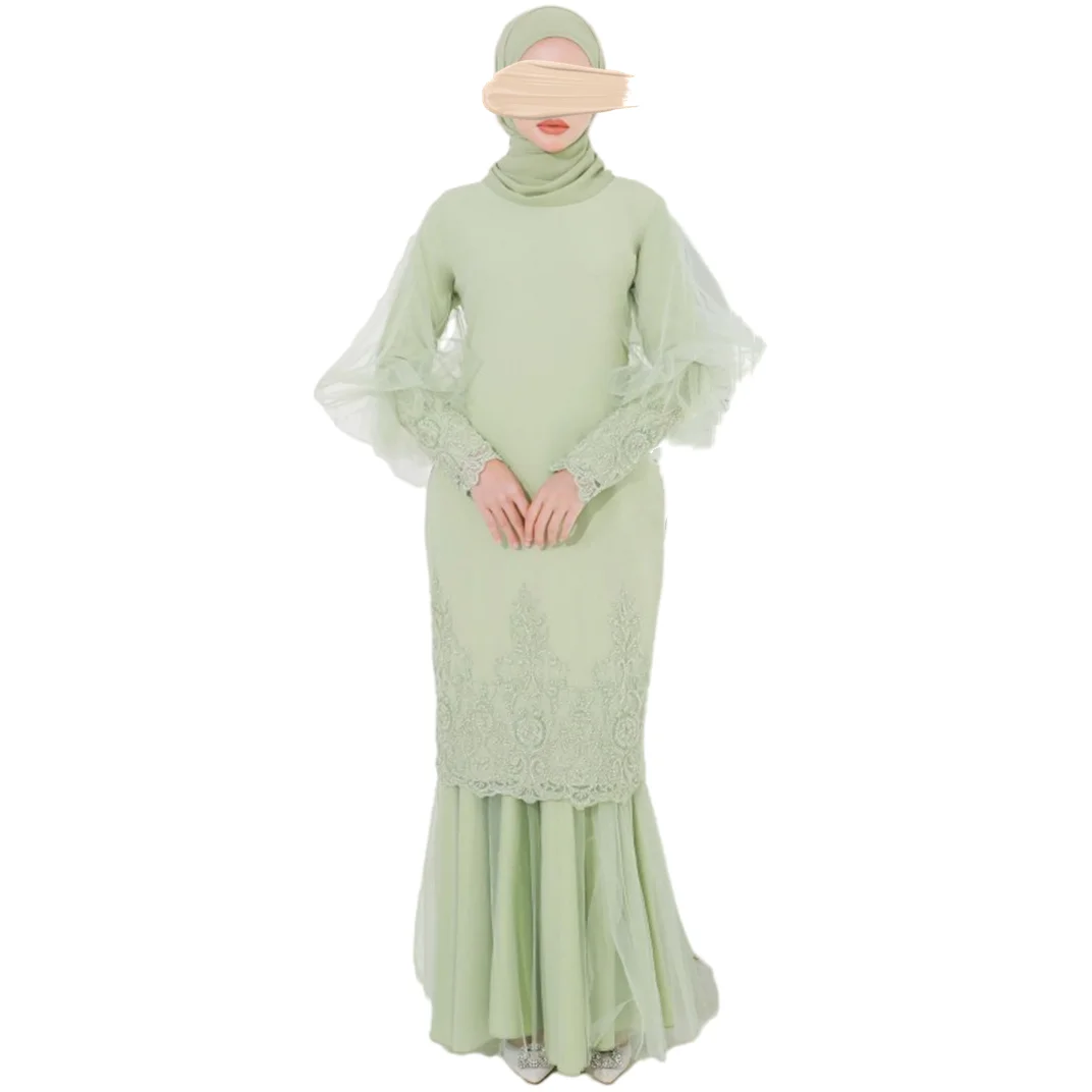 SIPO Premium Chiffon with Beads Lace Embroidery Design Solid Color Long Sleeves Half Net Fabric for Malaysia Muslim Baju Kurung