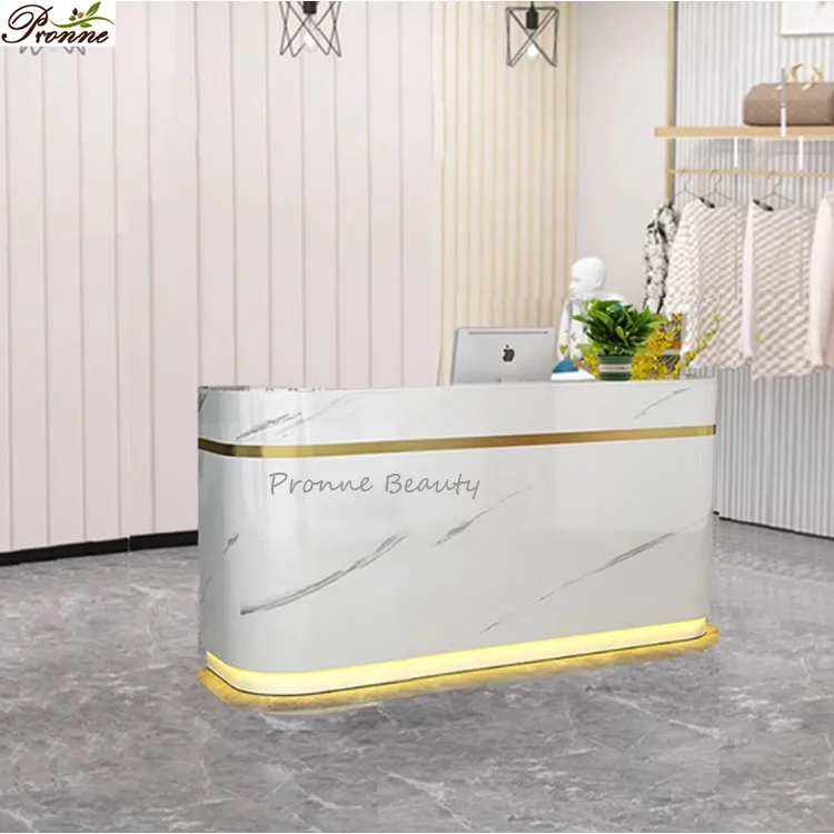 Customized modern led light small cash desk white&gold marble reception counter for shop