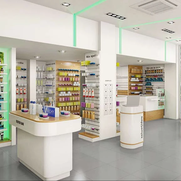 Custom Drugstore Pharmacy Medical Store Interior Decoration Pharmacy Shop Counter Furniture Wood Pharmacy Shelves