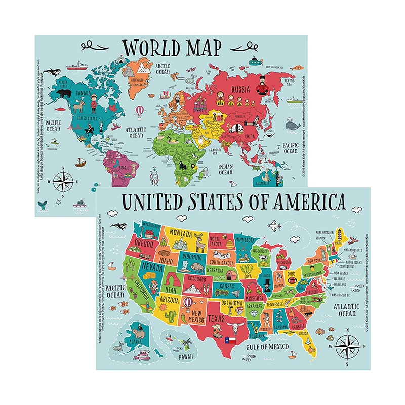 BPA-Free 4 Extra Self Adhesive Sticky Kids Placemat Disposable Map Pattern Toddler Plastic Table Mat For Table Top