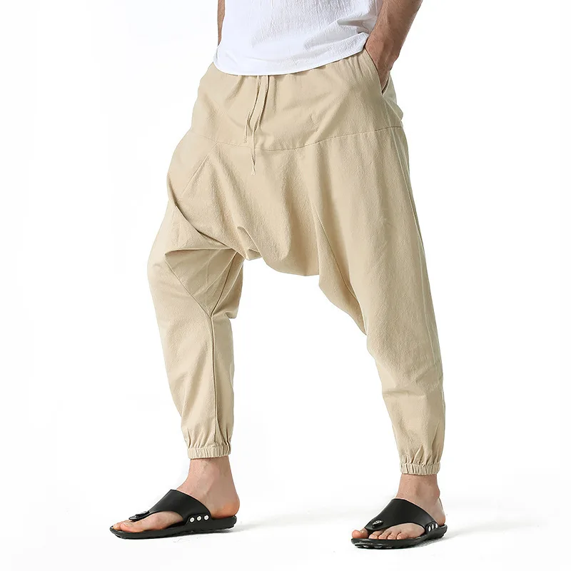 New Pants Men Loose Crotch Pants European Size Solid Color Harem Pants Men
