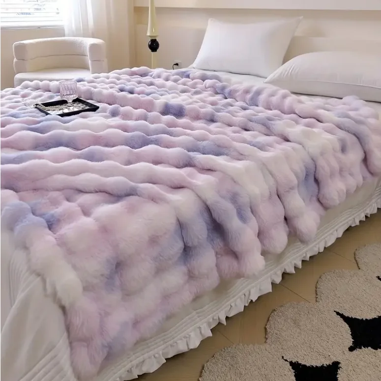 Hot Sale Soft Shaggy Short Plush Mink Blanket Luxury Tie Dye Colorful Faux Rabbit Fur Throw Blanket For Winter Bed Sofa