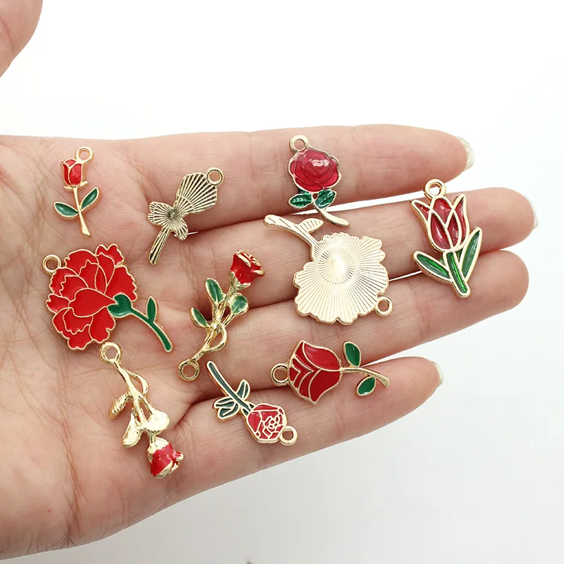 New Fashion Jewelry Gold Plated Metal Accessories Enamel Rose Flower Charm Pendant for Necklace Bracelet Jewelry Making
