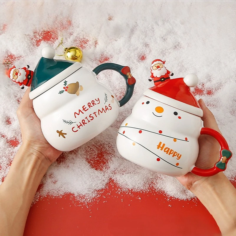 480ml new Christmas ceramic cup with cover spoon gift box cartoon Santa Claus coffee milk mugs cups