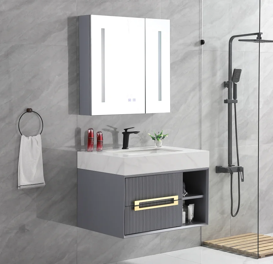 KD-BC306W-60 High Grade Hotel Wall Hung Sink Bathroom Vanity Cabinet Set with Counter Top Small Size LED Mirror Storage Cabinet