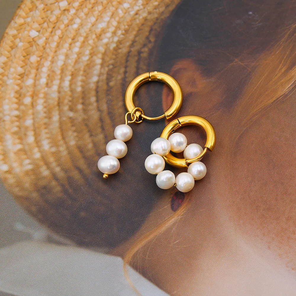 Wholesale 18k Gold Plated Earrings Stainless Steel Hoop Beaded Baroque Freshwater Pearl Earring For Women