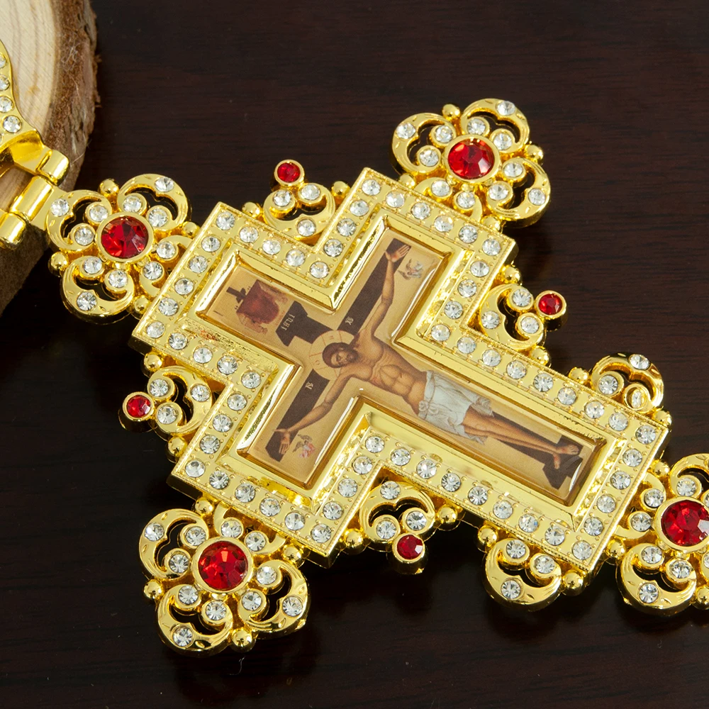 HT Luxury Greek Gold Plated Alloy Orthodox Russian Pectoral Cross with Jesus Icon Necklace for Priest Religion Gift