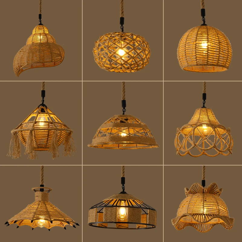 Industrial Retro Style Clothing Cafe Chandelier Iron Restaurant Personalized Twinehemp Rope Pendant Light Vintage Country