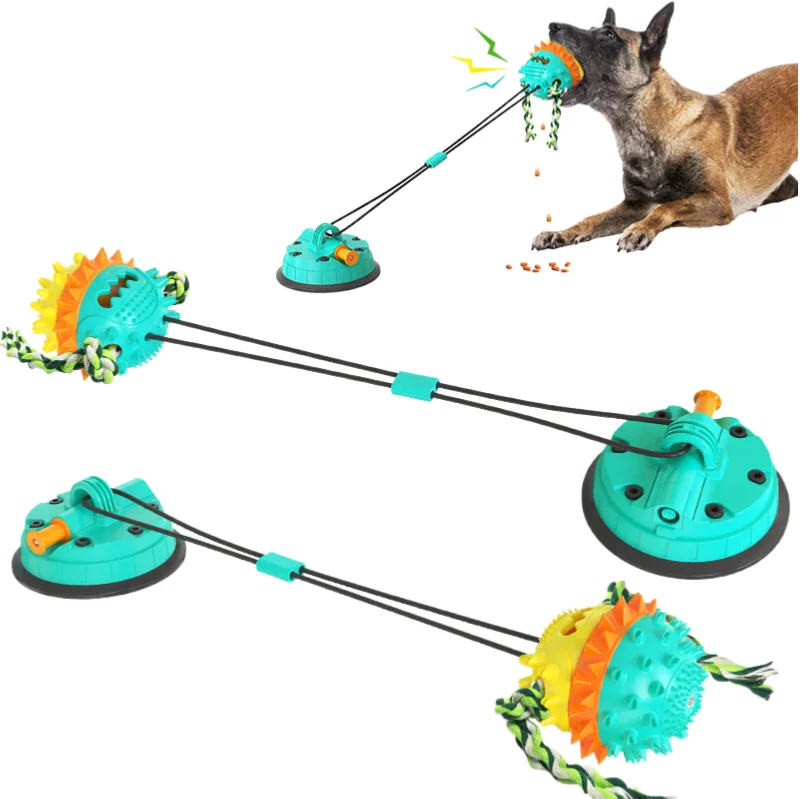 Super vacuum suction cup rope ball dog toy with sound function, food leakage function, teething toy function and bouncing functi