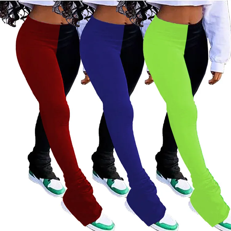 
2021 Fashion casual two solid color stitching trouser bottom pleated split slim sexy women leggings 