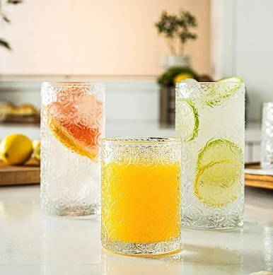 Vintage Bohemian wine glass set, luxurious flower relief decoration, transparent glassware