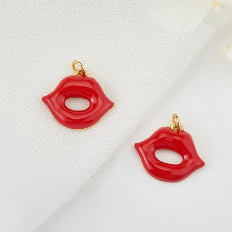 Fashion Lady Custom Jewelry Brass Pendants 14K Gold Plated Enamel Heart shape Evil Eye Red Lips Charms