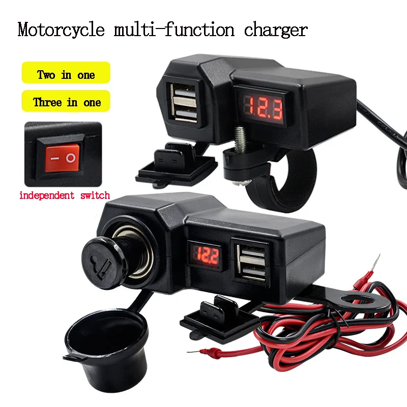 High Quality Waterproof 3.4A Dual Ports Motorcycle Mobile Phone USB Charger with Voltmeter and Lighter