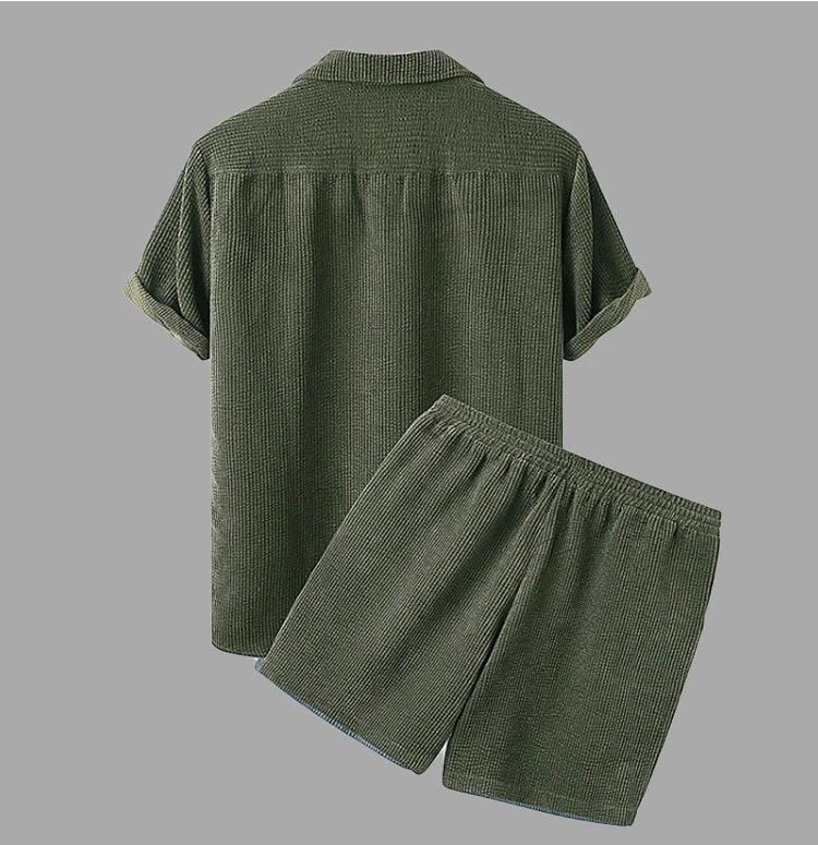 Solid Color Corduroy Men s Casual Suit with Shirt and Shorts European and American Fashion