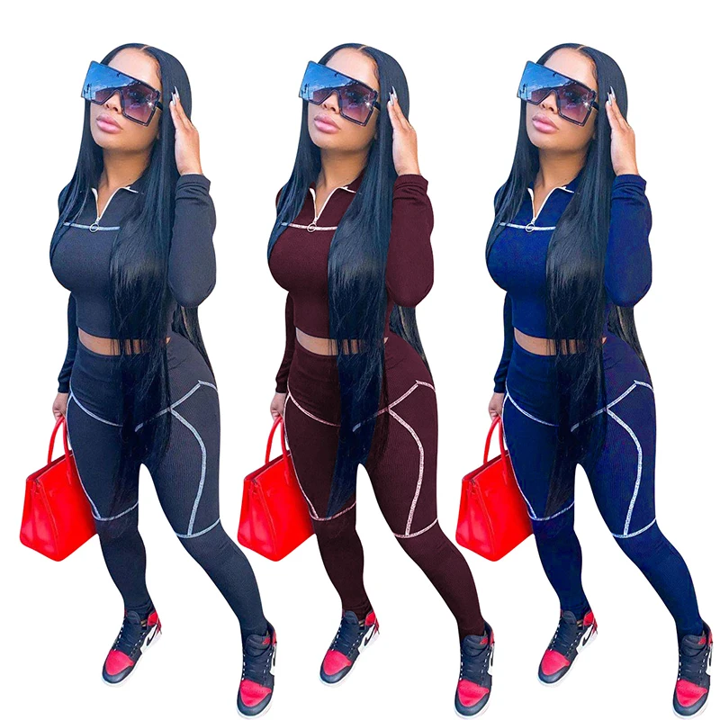 
Wholesale ladies fashion long sleeve crop top skinny sexy women casual 2021 two piece sets 