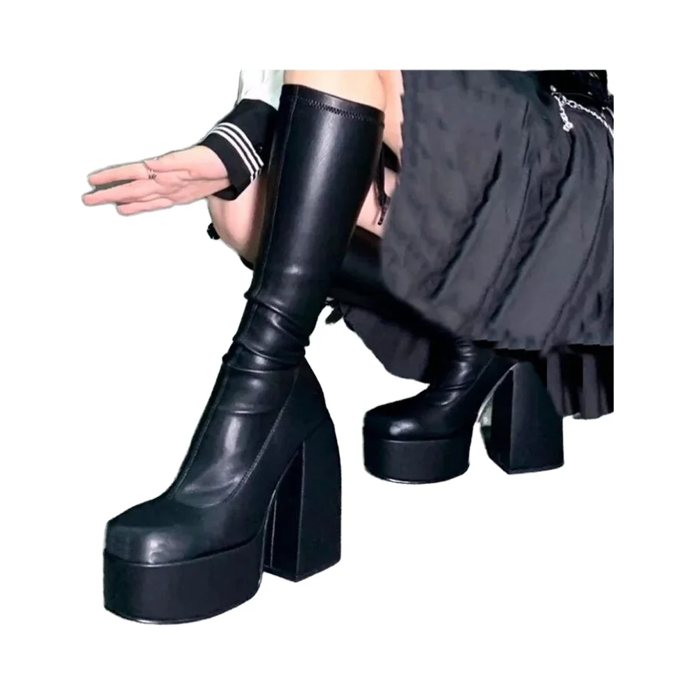 2024 SDS новые высококачественные женские полусапожки без застежки однотонные кожаные сапоги с круглым носком на толстом каблуке и платформе