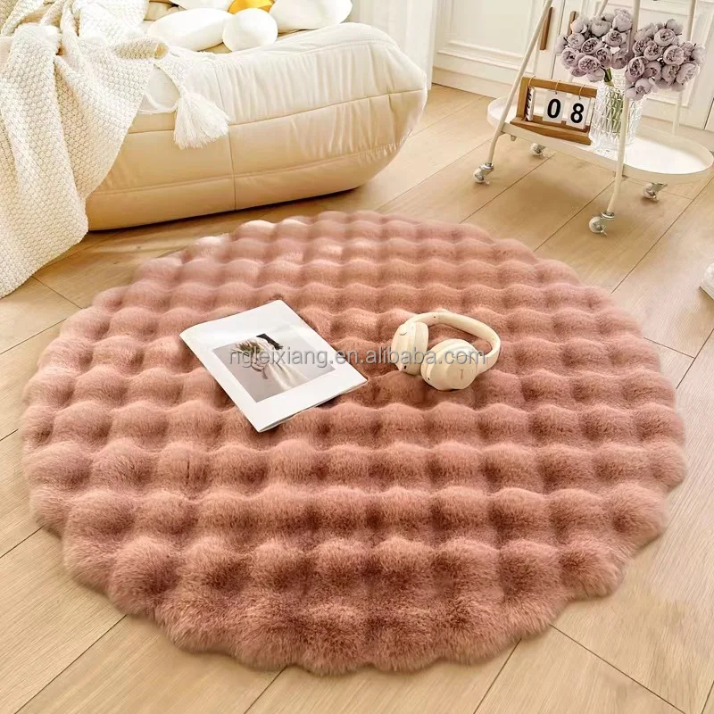 Bubble Round Faux Rabbit Fur Carpet Camel Colour Living Room Faux Rabbit Fur Area Carpet