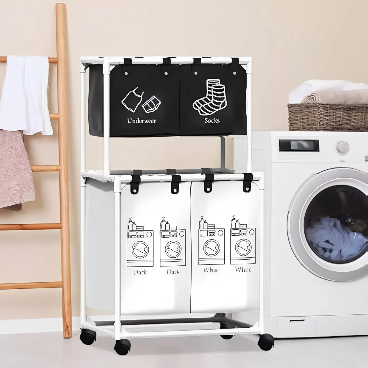 Laundry Hamper Large Blanket Basket Sorter 4 Section Bag Organizer  Heavy Duty Loundry Cart Baskets For Dirty Clothes