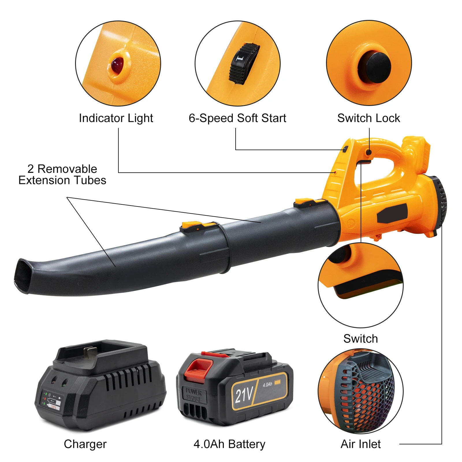 21V Leaf Blower Cordless with 4.0Ah Battery and Charger, 320 CFM 150 MPH 6-Speed 2 Tubes Electric Leaf Blower for Leaves