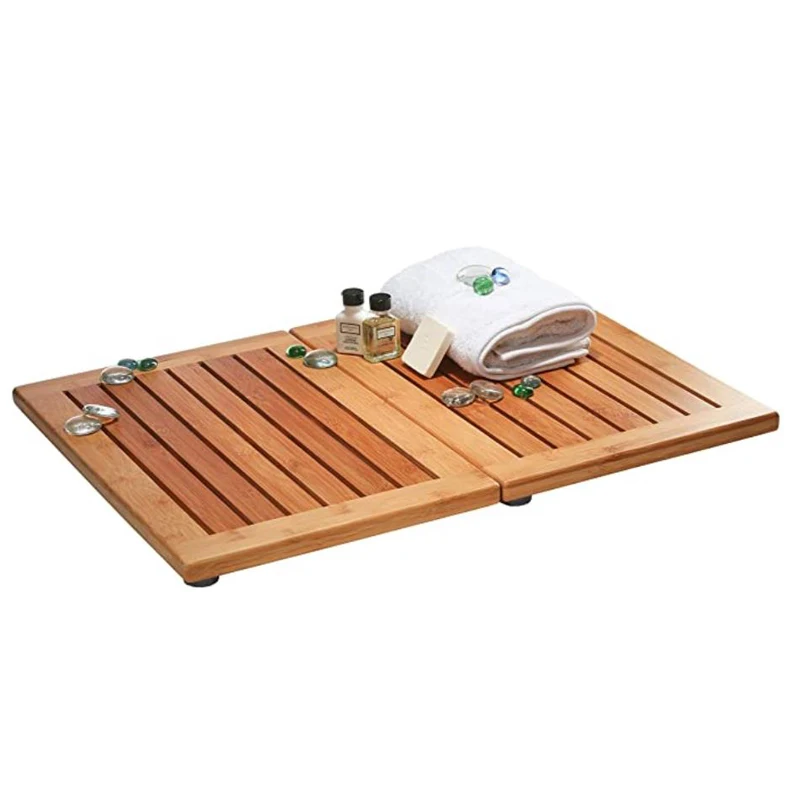 Foldable Natural Bamboo Wood Bath Mat For Bathroom Shower With Non-Slip Rubber Feet