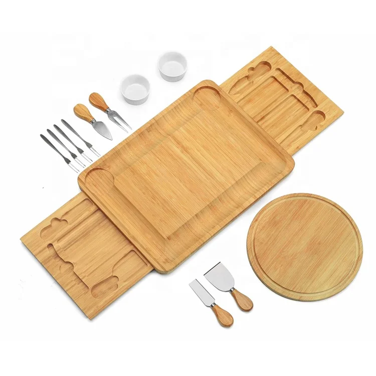 Bamboo Charcuterie Board with Double Slide-Out Drawer Cheese Serving Platter with 2 Bowls and 4 knives and Forks