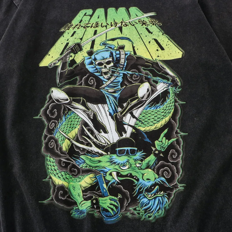 OEM Spring summer oversized high street hiphop skull washed 280g double yarn cotton custom T-shirt for men