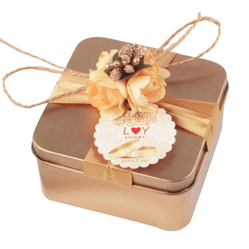 Wholesale Luxury Heart Golden Square Cubic Festival Birthday wedding Tin Candy Box With Ribbon for Guest