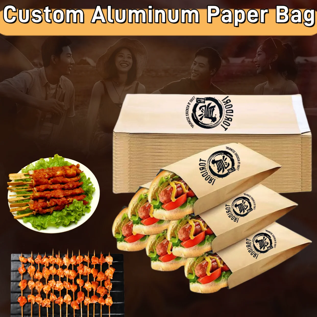 Japanese Fries Chicken Grill Foil Aluminum Insulated Bags For Packaging Street Food Paper Bag Printed Logo Steak Burger Bags