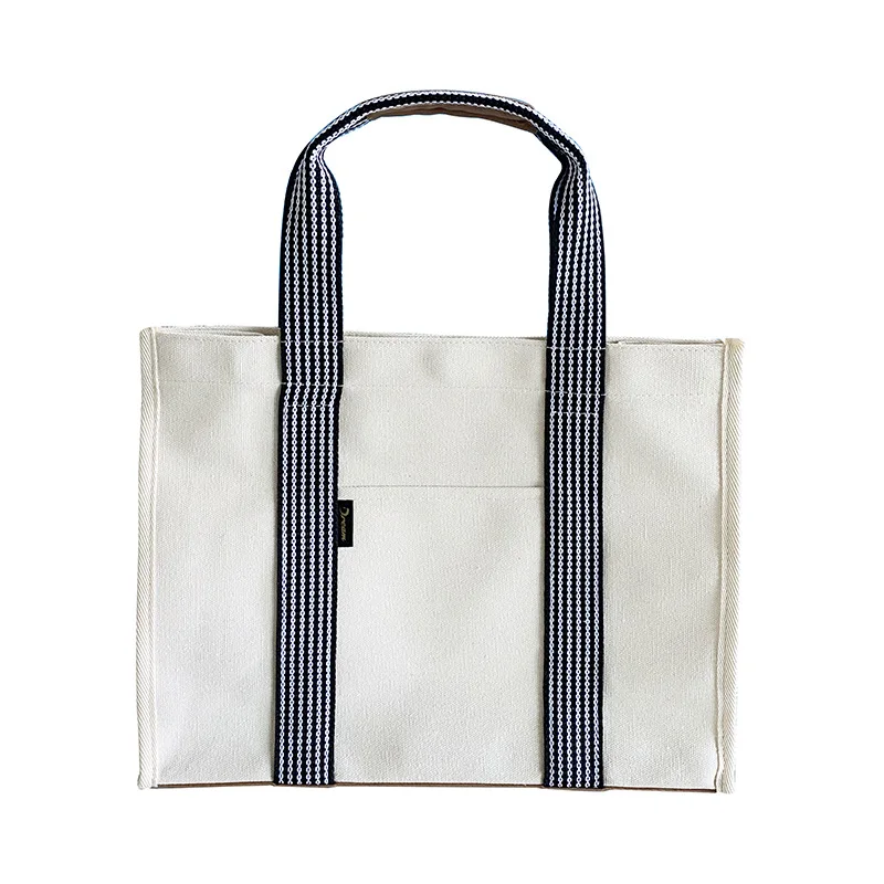 Large Capacity Square Canvas Tote Bag for Women Customizable with Striped Handle and Letter Pattern for Travel and Shopping